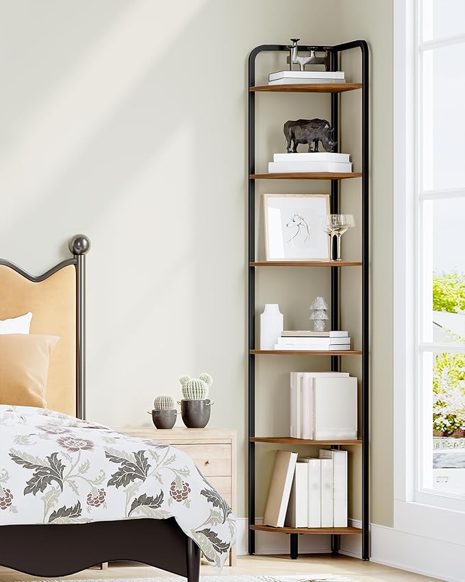 Corner Shelf Stand, Corner Bookshelf, Plant Shelf, Corner Display Rack, Standing Shelf with Metal Frame for Living Room, Bathroom, Kitchen, Industrial Style, 6 Tier Rustic Brown CS06601B