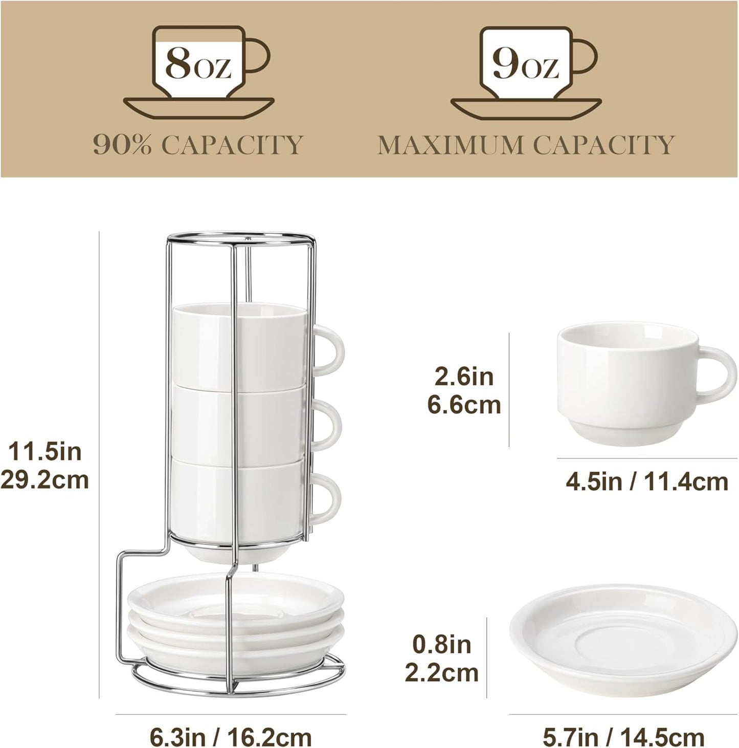 MALACASA 8 OZ Porcelain Espresso Cups with Saucers and Metal Stand Set of 4, Stackable Cappuccino Cups, White Expresso Shots Cup Set for Coffee Drinks, Latte, Tea