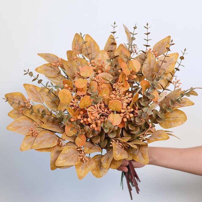 120 Pcs 5 Kinds Mixed Artificial Eucalyptus Leaves Stems and Fake Berry Bulk for Fall Decorations,Faux Plants Bundle for DIY Bouquets Floral Arrangement Wedding Engagement Party Autumn Decor (Orange)