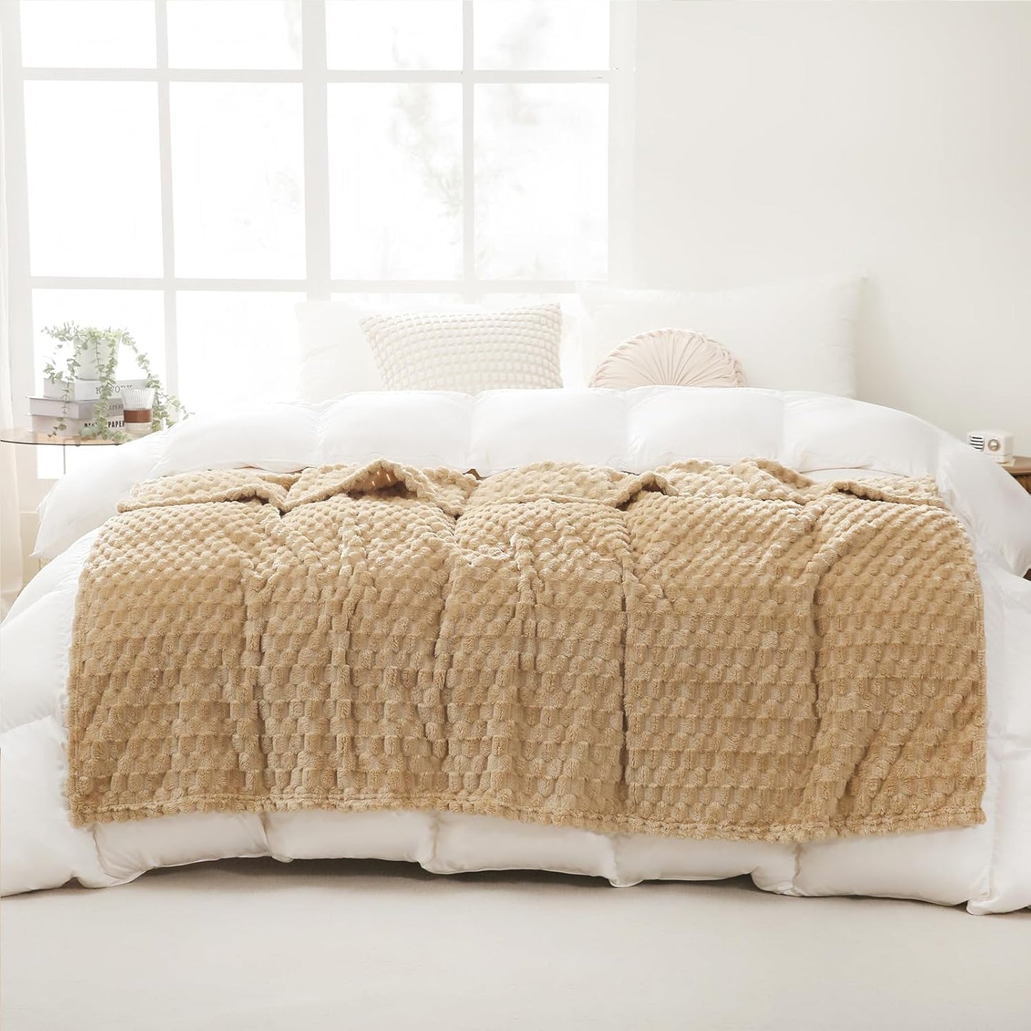 Beige Throw Blanket 50"×60" inches Fuzzy 3D Jacquard Decorative Flannel Fleece Super Soft Plush Cozy Blanket for Couch Sofa Chair Lightweight,Khaki