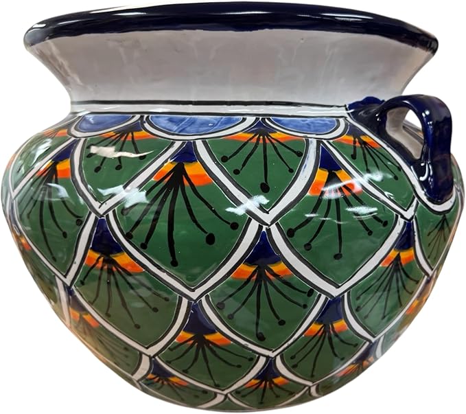 Talavera Michoacana Planter XL Pot Folk Art Multicolor Mexican Pottery Home Decor Hand Painted Garden Indoor Handmade Outdoor 18.5" (Green Multicolor)