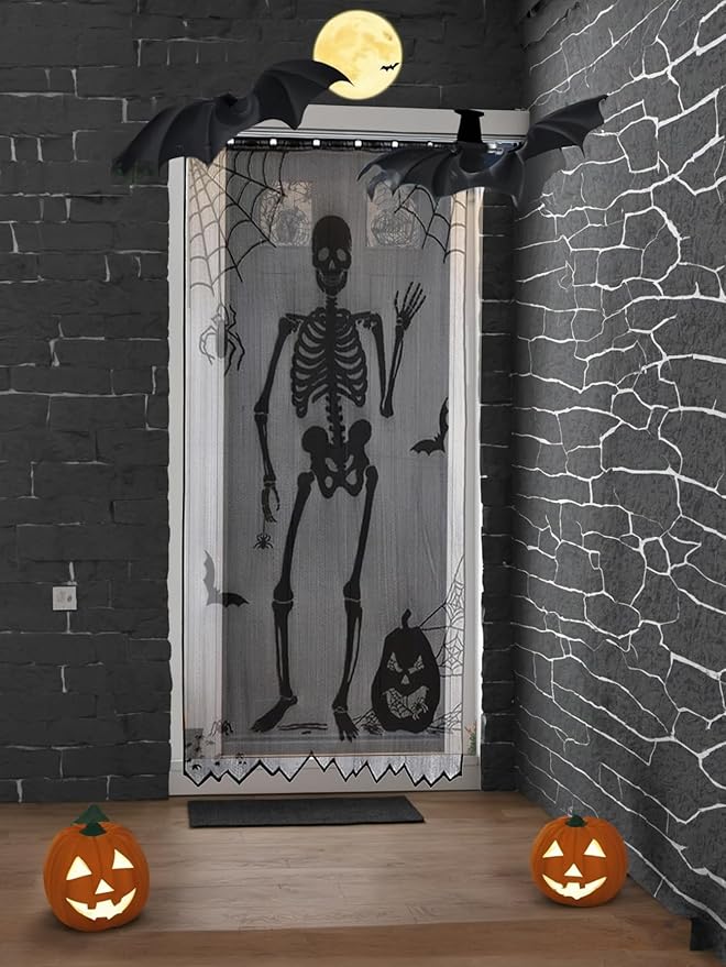 Jayla Halloween Skull Door Curtain, Black Halloween Lace Window Curtain, Ornament Bat Curtain for Halloween Party Haunted House Decoration, 102x213cm/40x84 inch