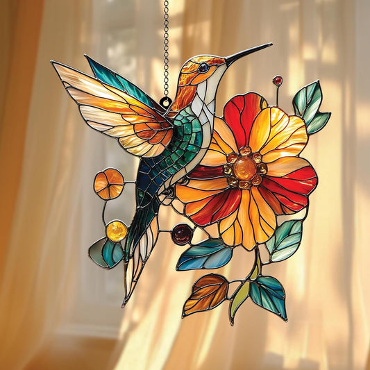 Hummingbird and Flower Acrylic Suncatcher Floral Bird Window Decor Gift for Garden Lovers Plant Mom Lover Gardener Suncatchers Indoor Window Suncatchers