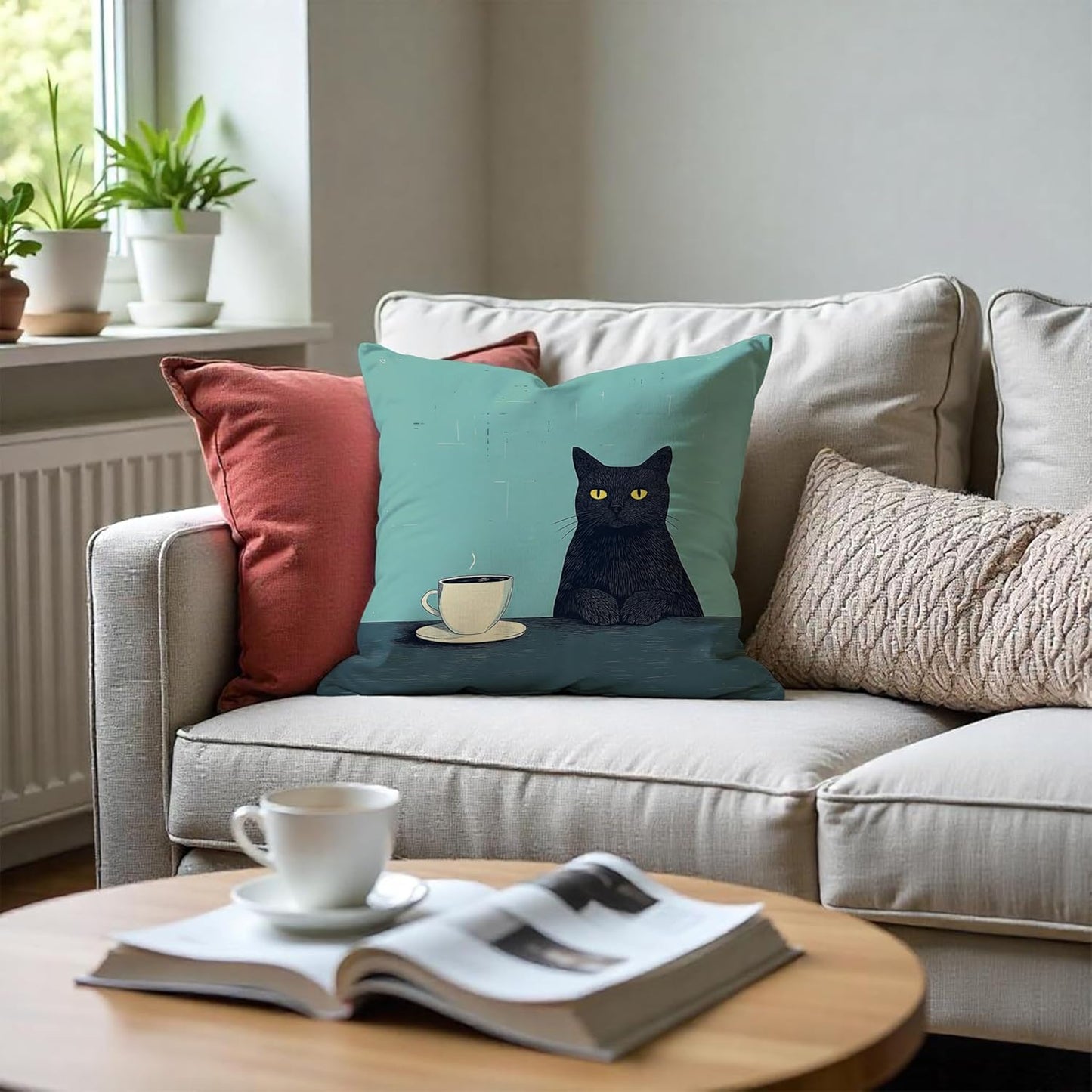 Black Cat Pillow Covers 18x18，Cat Lovers Mom Grandma Gifts for Mother's Day, Black Cats with a Cup Pillow Covers for Home Bedroom Living Room Office Decor