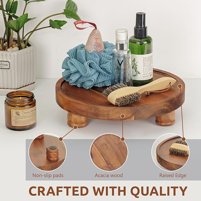 Demigo 10" Acacia Wood Round Tray - Decorative Plant Stand, Farmhouse Countertop Organizer, Multi-Purpose Display Pedestal, Riser Board for Soap, Perfume, Candles, Sponge, Bathroom, Kitchen