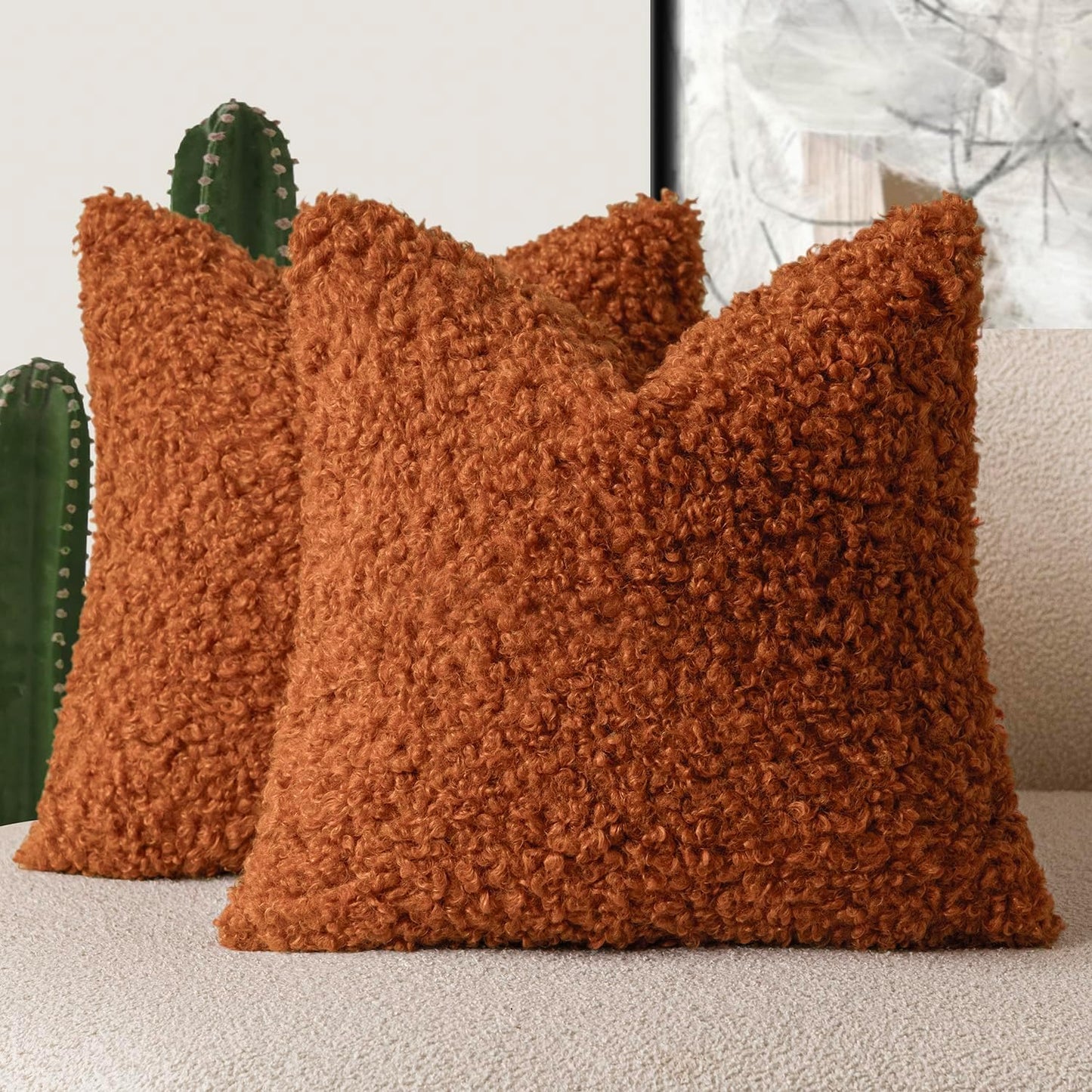 Foindtower 2 Pieces 26x26 Inch Burnt Orange, Faux Fur Throw Pillow Cover Accent Sherpa Furry Pillow Cover Fuzzy Soft Pillowcases Cozy Sheepskin Decorative Fleece Cushion Case for Bed Couch Living Room