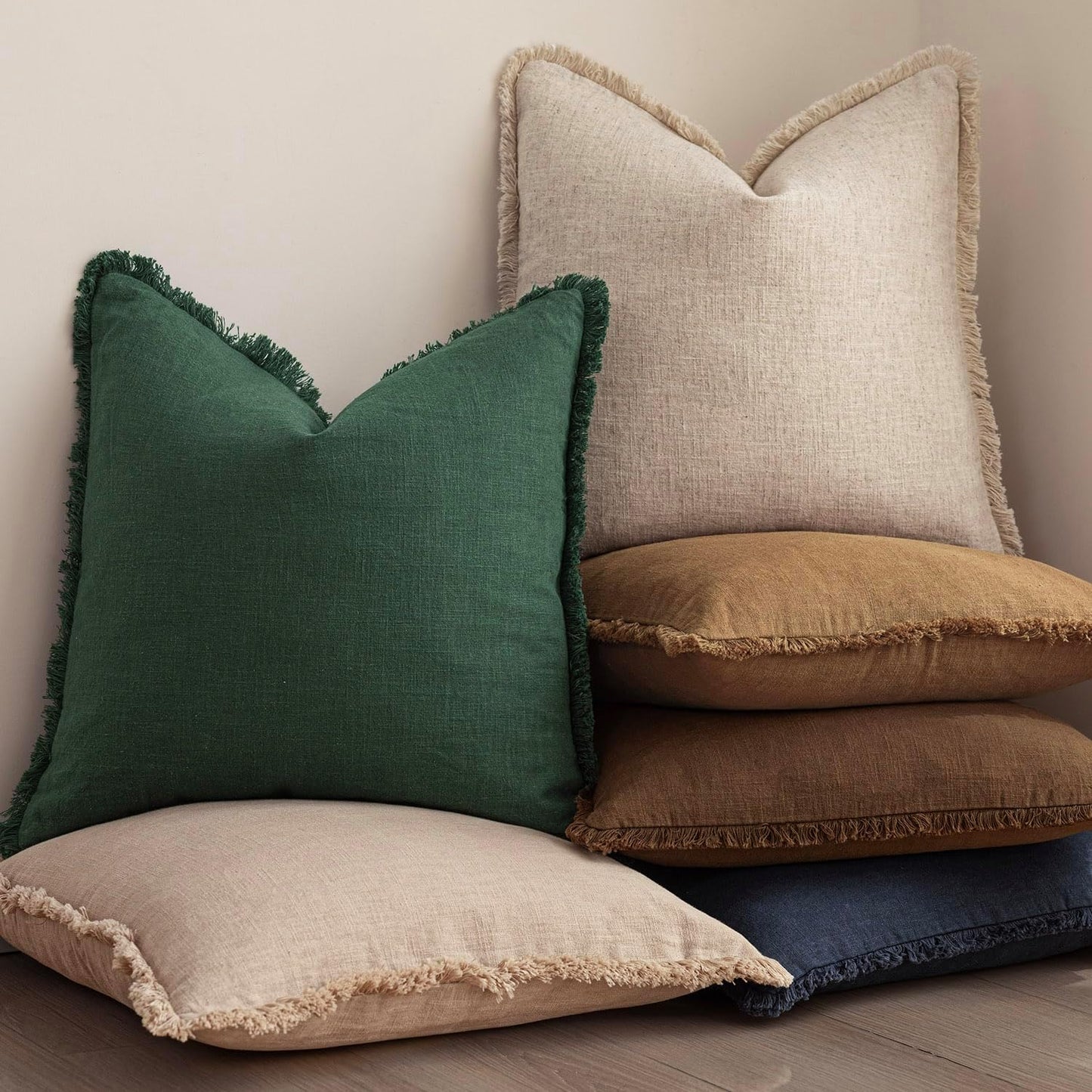 Foindtower Set of 2 Decorative Linen Fringe Throw Pillow Covers Cozy Boho Farmhouse Cushion Cover with Tassels Soft Accent Pillowcase for Couch Sofa Bed Living Room Home Decor, 26×26 Inch, Pine Green