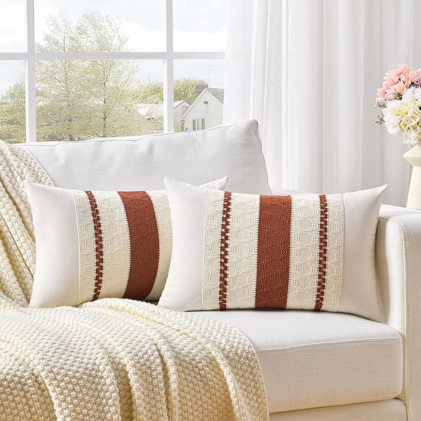 Fancy Homi Set of 2 Rust Boho Long Lumbar Decorative Throw Pillow Cover 12x24 Inch for Couch Bed Sofa, Aesthetic Modern Organic Fall Room Decor, Soft Cotton Cute Terracotta Farmhouse Cushion Case