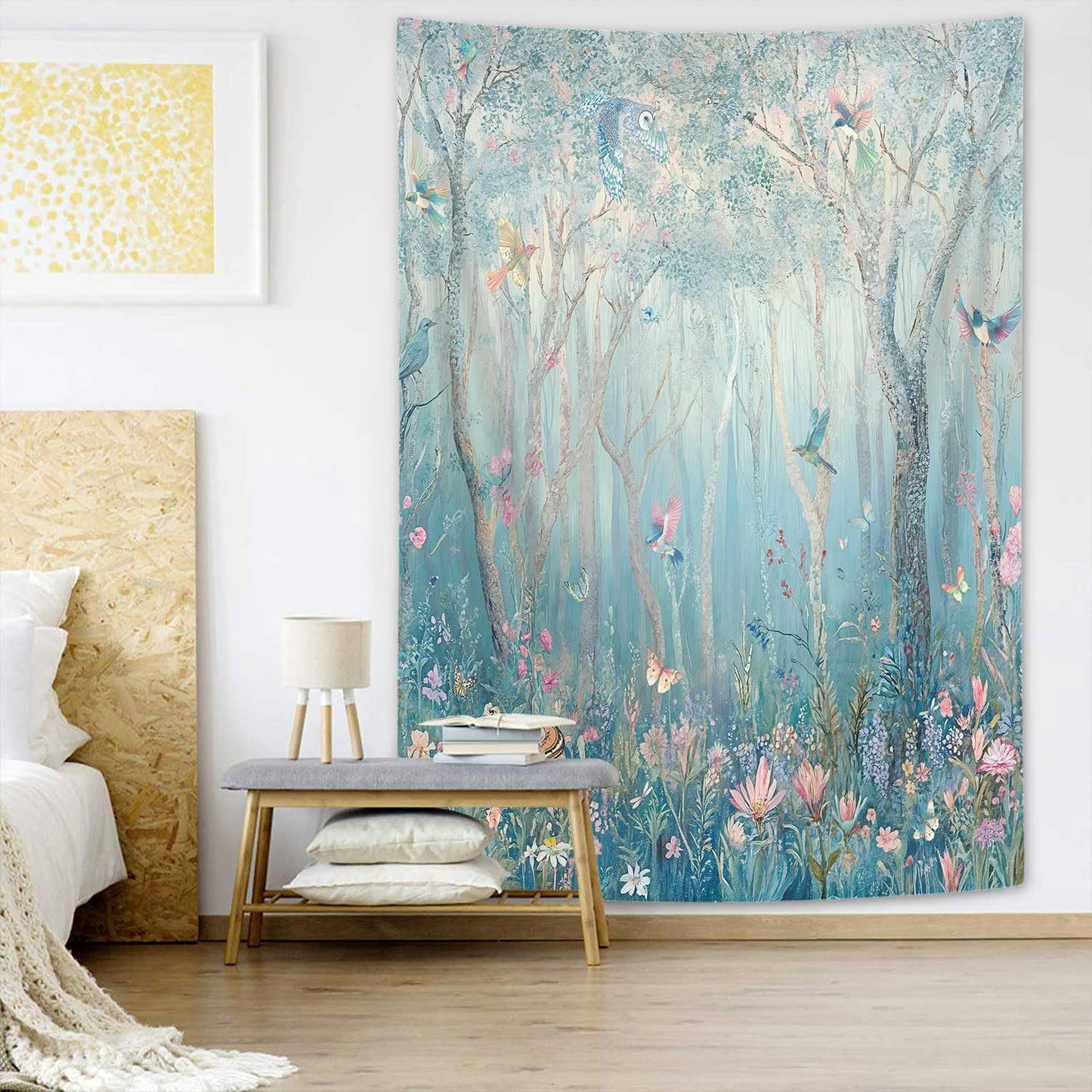 DYNH Enchanted Forest Tapestry,Fairytale Woodland Vertical Wall Hanging,Jungle with Tree Bird Flowers Plant Aesthetic for Bedroom Decor Art Tapestries Poster Blanket,30X40IN