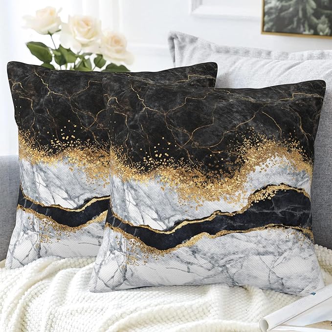 Black and White Marble Throw Pillow Covers Set of 2 Black Gold Marble Pillow Covers 16x16 Inch Modern Farmhouse Home Decorative Pillow Cases Cushion Cover for Sofa Living Room Office