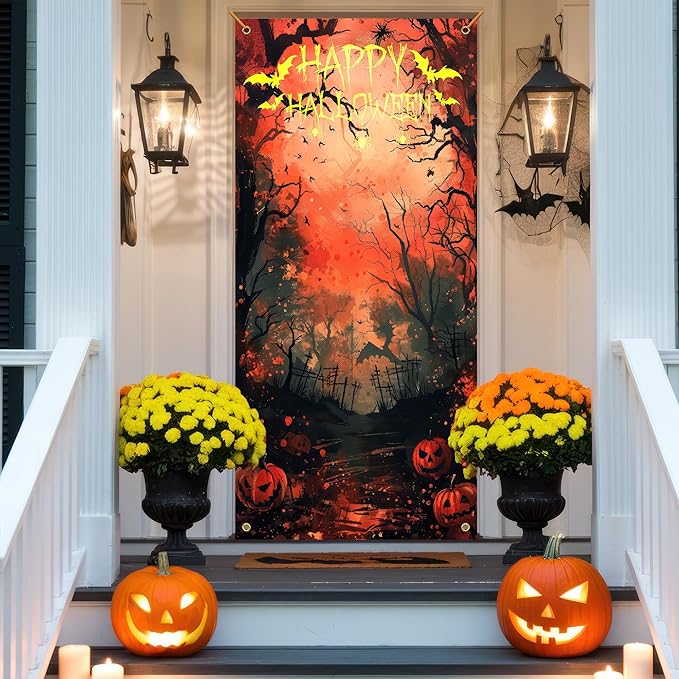 Happy Halloween Door Cover, Scary Burnt Forest Pumpkin Decoration Doorway Door Curtains Banners Backdrop Background Decor for Halloween Party, Indoor Outdoor Decorations, 35 * 79 Inch
