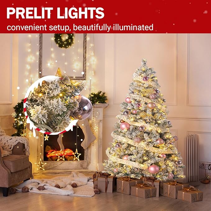 4.5ft Prelit Green Artificial Christmas Tree with 100 Warm White LED Light, Full Snow Flocked Xmas Tree Featuring 400 Realistic Branch, Easy Hinged Assembly for Home Office Party Decoration