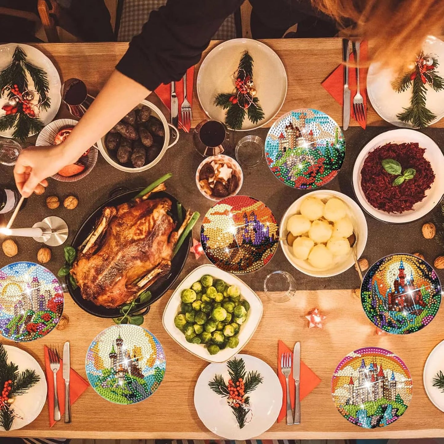 DOTSOPS 8 Pieces Castle Diamond Painting Coasters with Holder - Diamond Art Coasters with Cork Base for Beginners Adults & Craft Supplies Party Item(Castle)