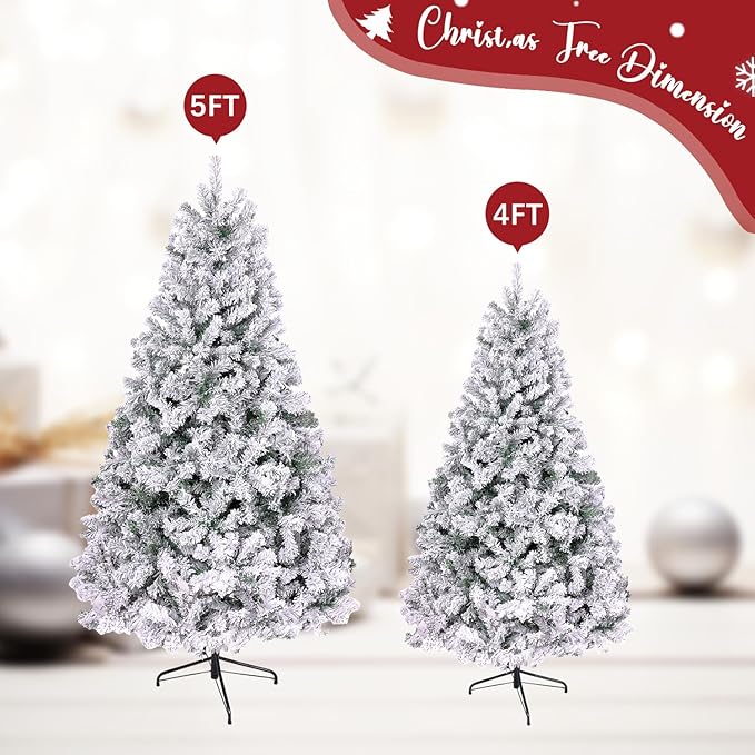 ULICO 5ft Snow Flocked Artificial Christmas Tree,Premium Spruce Xmas Tree with 600 Branch Tips, Fake Christmas Tree with Foldable Metal Base Stand,Home, Office,Party Decoration