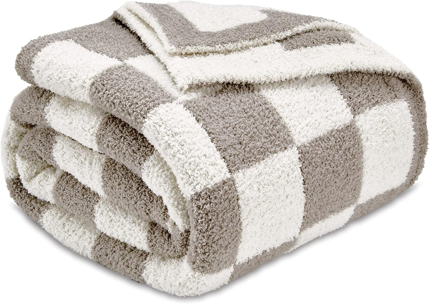CozeCube Super Soft Fullfy Microfiber Reversible Knitted Blankets, Warm Cozy Fuzzy Plush Throw, Grey and White Checkered Throw Blanket for Couch Bed Sofa, 60" x 80"
