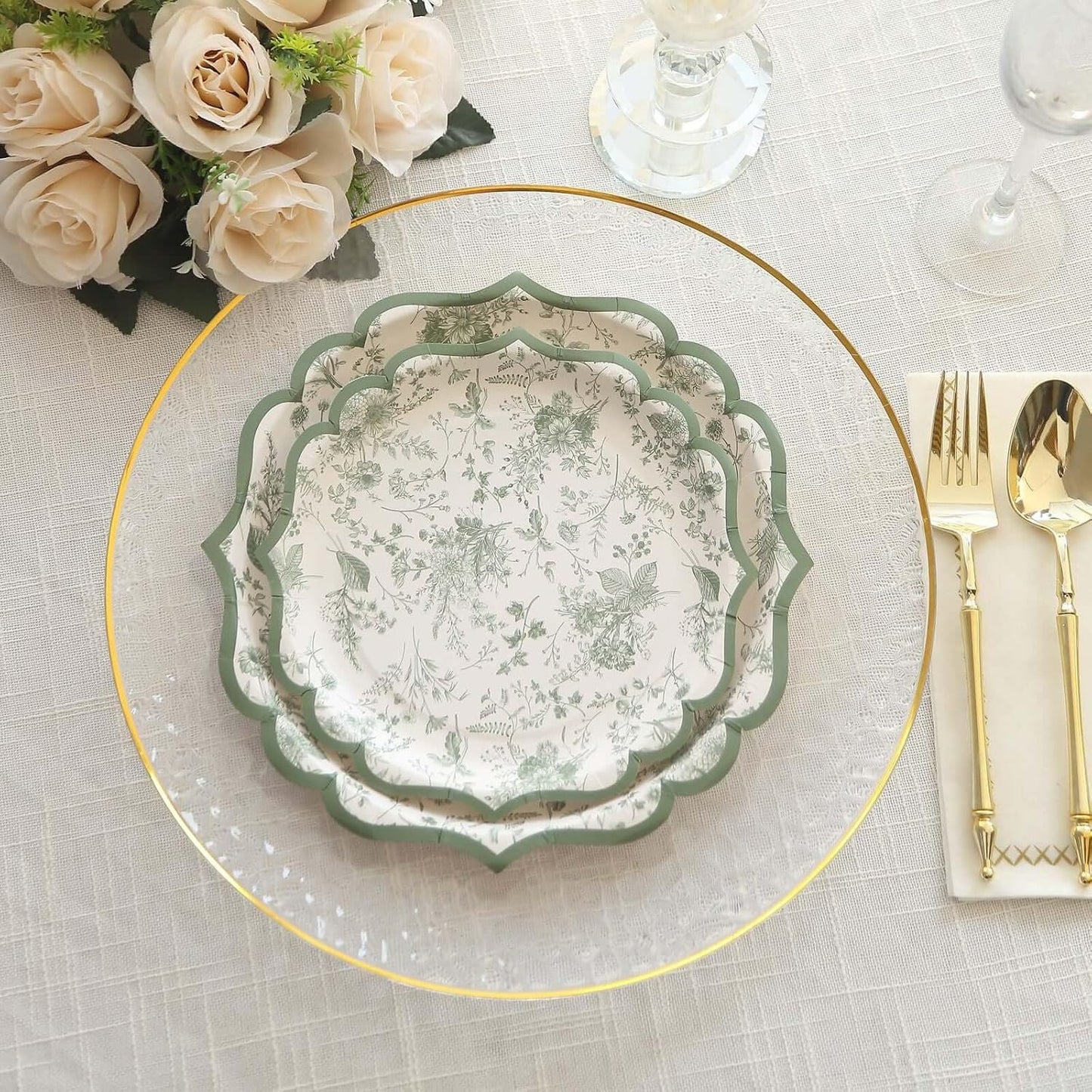 Efavormart 25 Pack White Sage Green Floral Leaf Print Dessert Paper Plates with Scalloped Rim, 8" Round Disposable Appetizer Salad Plates - 300GSM