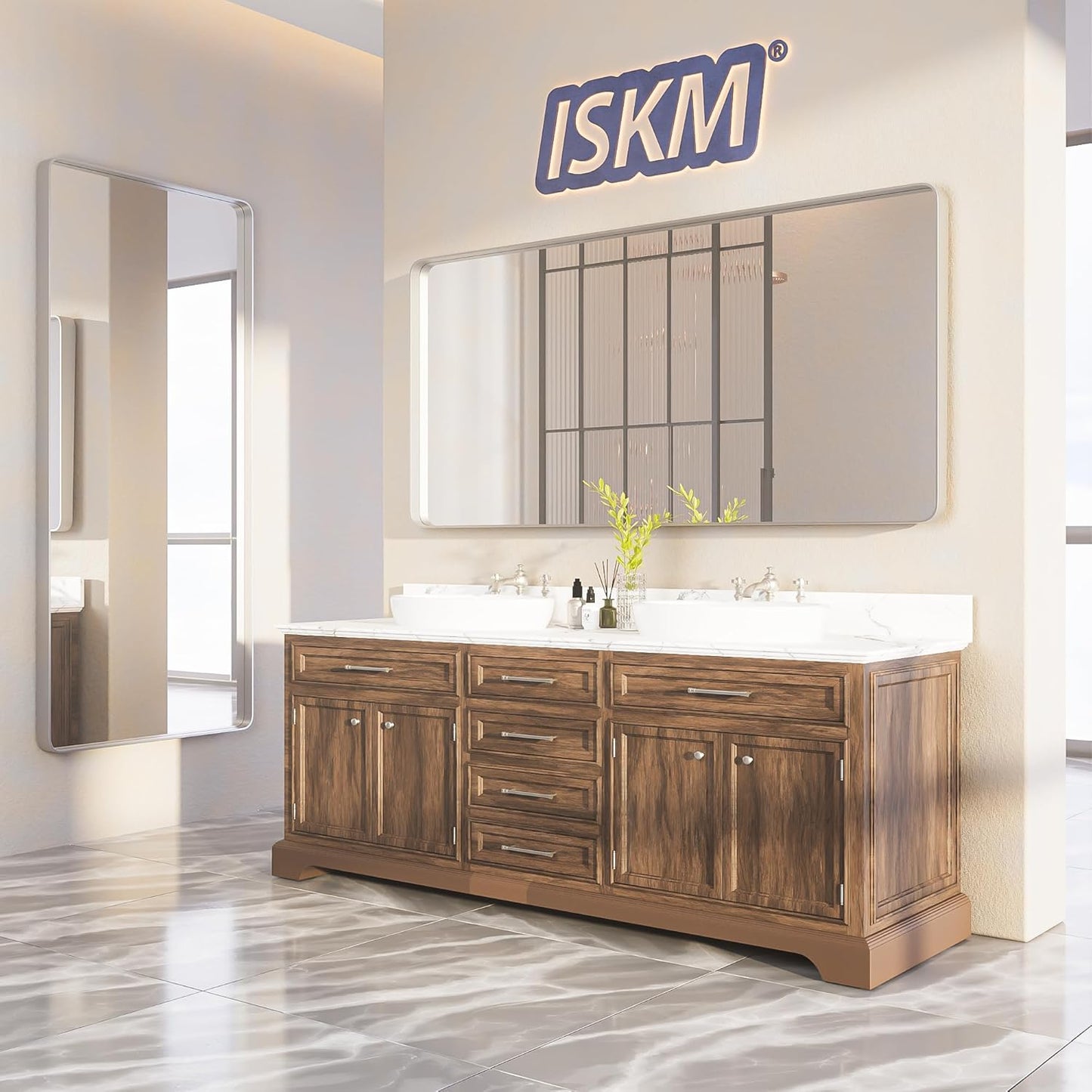 ISKM Large Silver Wall Mirror, 84 x 32 Inch Metal Silver Frame Mirror for Bathroom in Premium Stainless Steel for Living RoomBedroomEntryway (Horizontal/Vertical)