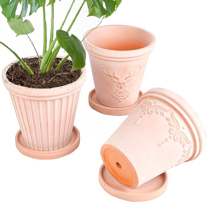 Sungmor Set of 3 Terra Cotta Pots With Saucer & Drainage Hole - 8 Inch Large & Deep Clay Planters, Unique Embossed & Pretty Color Pottery for Plants, Orchid, Cactus, Succulent