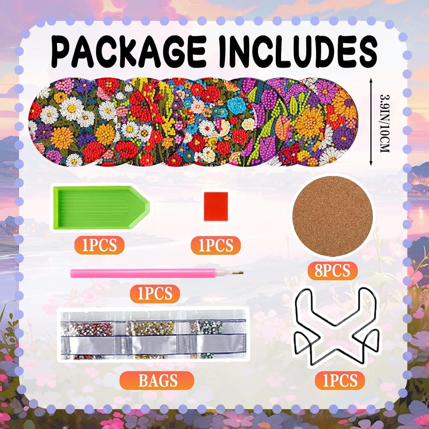 DOZEEZOP 8 PCS Flowers Diamond Art Coasters Kit, 5D Diamond Painting Coasters with Holder, Fall Small Diamond Art Kits for Adults Beginners, Diamond Dots Arts and Crafts Supplies