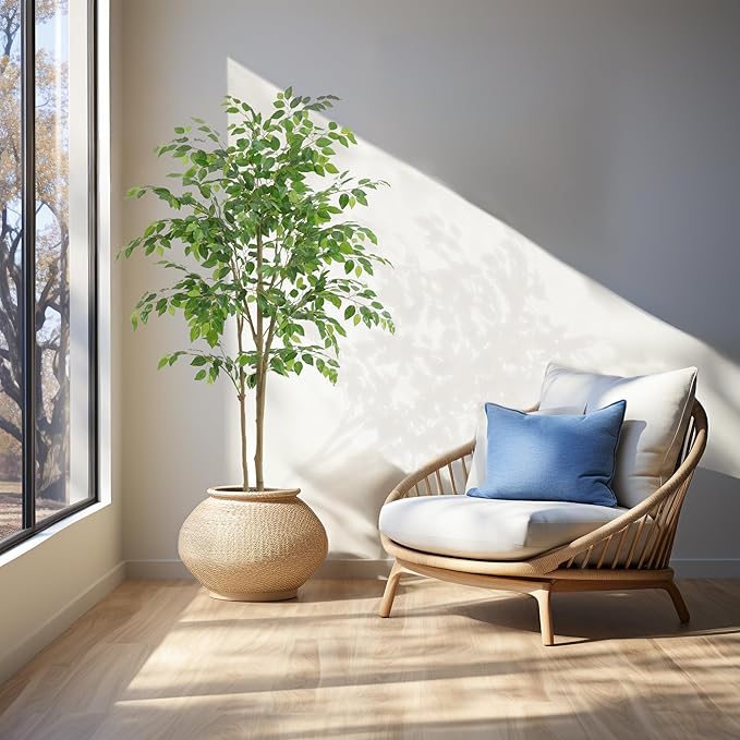 Tall UV Resistant Ficus Tree Artificial，5ft(60in) Faux Ficus Tree with Realistic Smooth and Shiny Leaves， Fake Trees Indoor Outdoor for Home Office Living Room Bedroom Foyer Porch Decor.