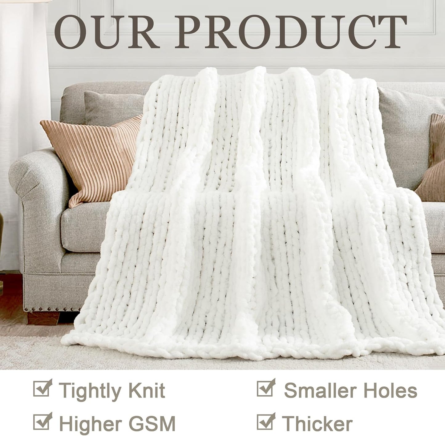 Chunky Knit Throw Blanket 60"X 80", 100% Handmade with Soft Chenille Yarn, 6.7lbs Thick Cable Knitted Blankets, Large Rope Knot Crochet Throws for Couch Sofa Bed Home Decor, Snow White