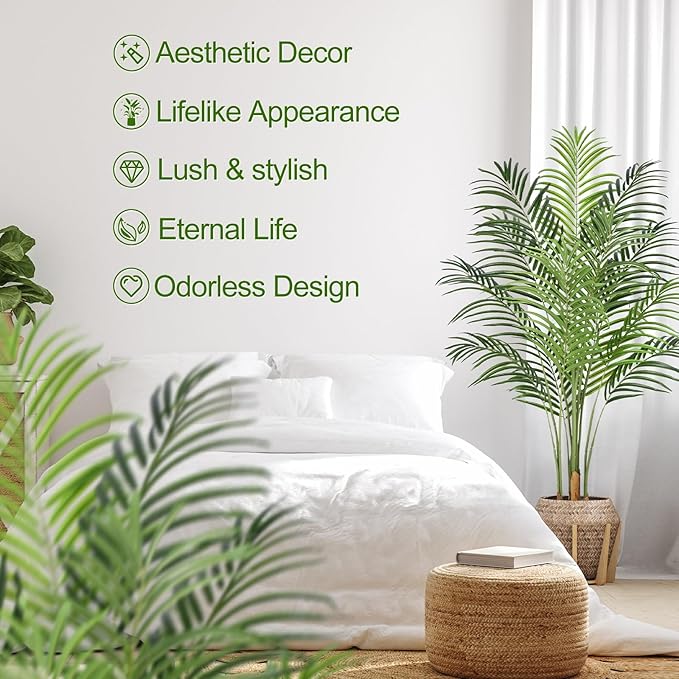 5ft Artificial Palm Tree Indoor Plant Tall Fake Tropical Paradise Palm Tree in Pot with Real Bark Design Faux Areca Palm Tree for Home Office Living Room Bedroom Farmhouse Modern Decor 2pcs