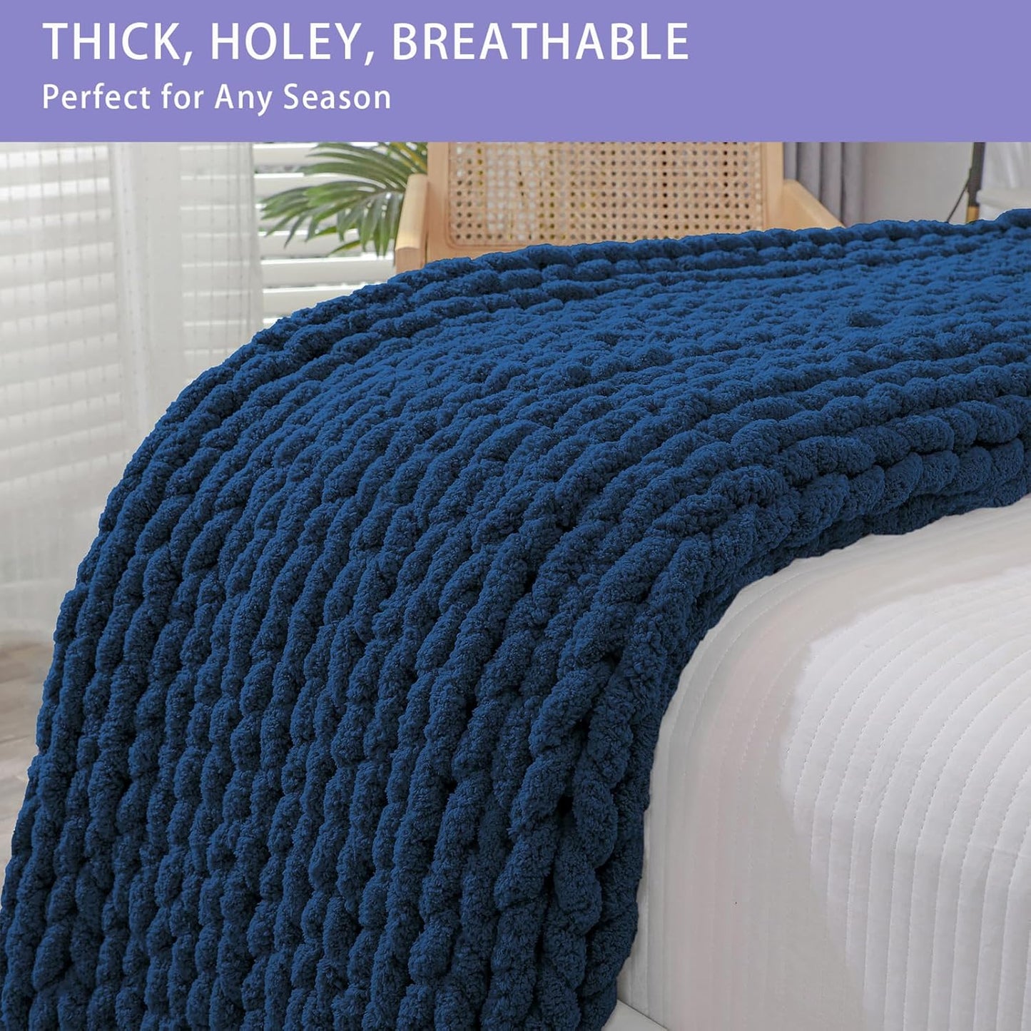 Bigacogo Chunky Knit Throw Blanket for Couch, 40x40 inches, 100% Hand Knitted with Thick Jumbo Chenille Yarn, Cozy Soft Large Rope Knot Cable Crochet Blankets for Sofa Bed Living Room, Navy Blue