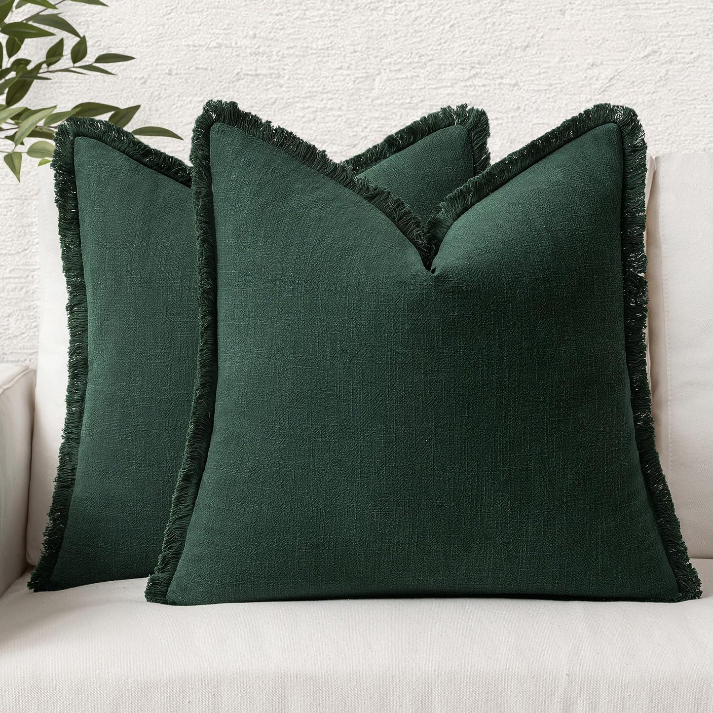 MIULEE Linen Pillow Covers 20x20 Inch Dark Green Decorative Throw Pillows with Fringe Pack of 4 Soft Farmhouse Boho Couch Pillows Home Decors for Sofa Cushion Living Room Bed