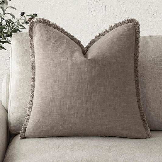 Foindtower Decorative Linen Fringe Throw Pillow Covers Cozy Boho Farmhouse Cushion Cover with Tassels Soft Accent Pillowcase for Chair Sofa Bed Living Room Home Decor, 24×24 Inch,1PC,Brown Tan