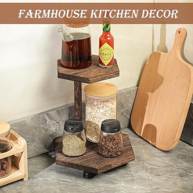 Tikea Hexagonal Wood Riser for Display, 2-Tier Rustic Wood Farmhouse Riser for Kitchen Bathroom Counter Decor, Decorative Tray for Soap Dispenser, Decorations and Plant (Brown)