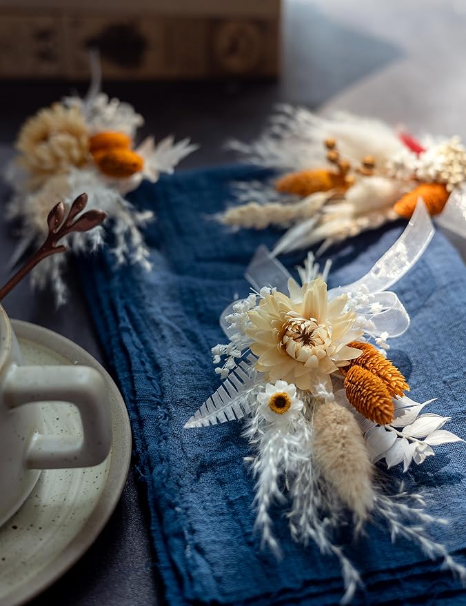 xin's convey Mini Dried Flowert Set (Pack of 6), Orange Small Bouquet, Pampas Small Bouquet, Party Plate Decoration, Bridesmaid Flower Girl Proposal Box, Birthday Cake Decoration. (Terracotta)