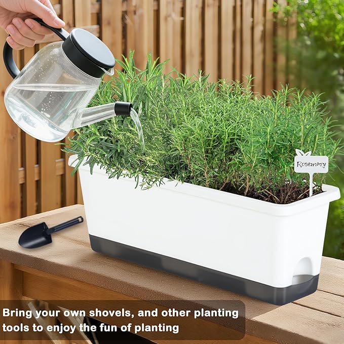 Window Box Planter 4 Packs, 17 Inches Rectangle Flower Pots with Drainage Holes & Trays, Pots for Vegetables, Herbs, Flowers, Garden Windowsill Balcony (White, 17 * 5.1 * 6 inch)