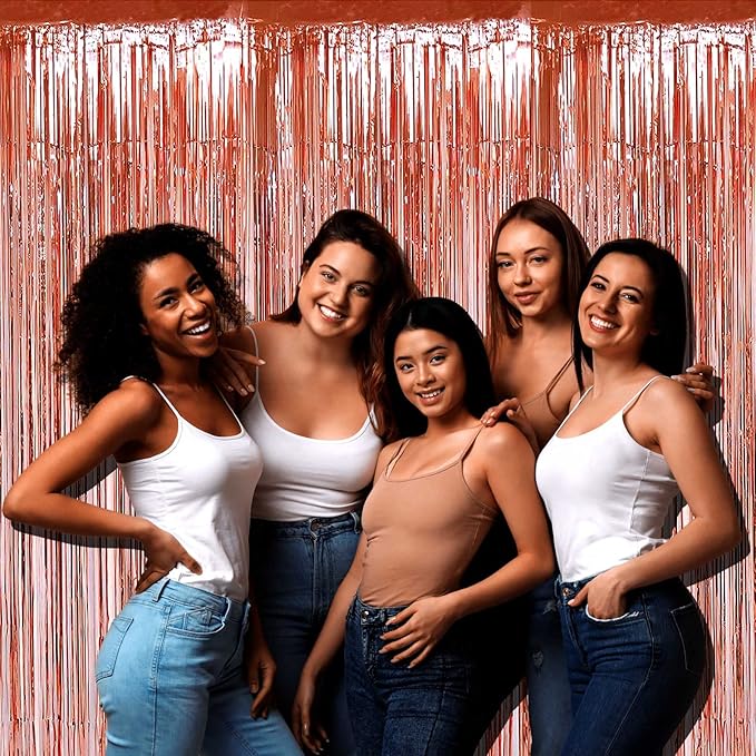 4 Pack Rose Gold Foil Fringe Curtain Backdrop, 3.28Ft x 9.84Ft Metallic Tinsel Foil Fringe Streamers Curtains for Party,