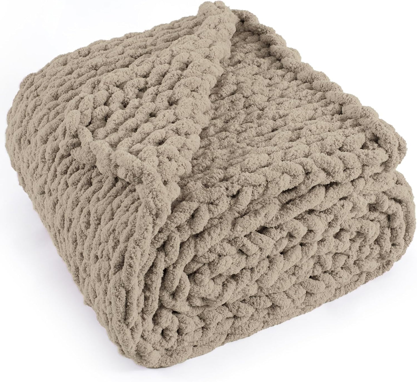 Chunky Knit Throw Blanket 60"X 80", 100% Handmade with Soft Chenille Yarn, 6.7lbs Thick Cable Knitted Blankets, Large Rope Knot Crochet Throws for Couch Sofa Bed Home Decor, Taupe