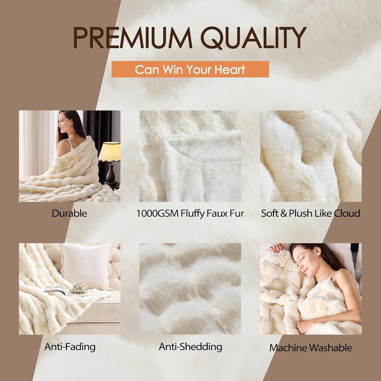 Luxury 1000GSM Faux Rabbit Fur Throw Blanket, Super Heavy Warm Cozy Blankets for Couch Bed Sofa, Bubble Plush Fuzzy Elegant Soft Reversible Mink Blanket for Living Room Bedroom, Cream White