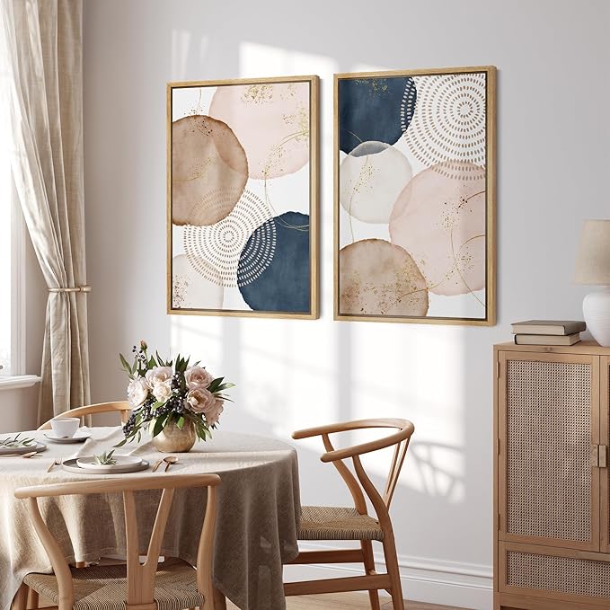 SIGNFORD Framed Wall Art Print Set Pastel Watercolor Vibrant Circle Collage Abstract Shapes Illustrations Modern Minimalist Relax/Calm Multicolor for Living Room, Bedroom, Office - 16"x24"x2 Natural