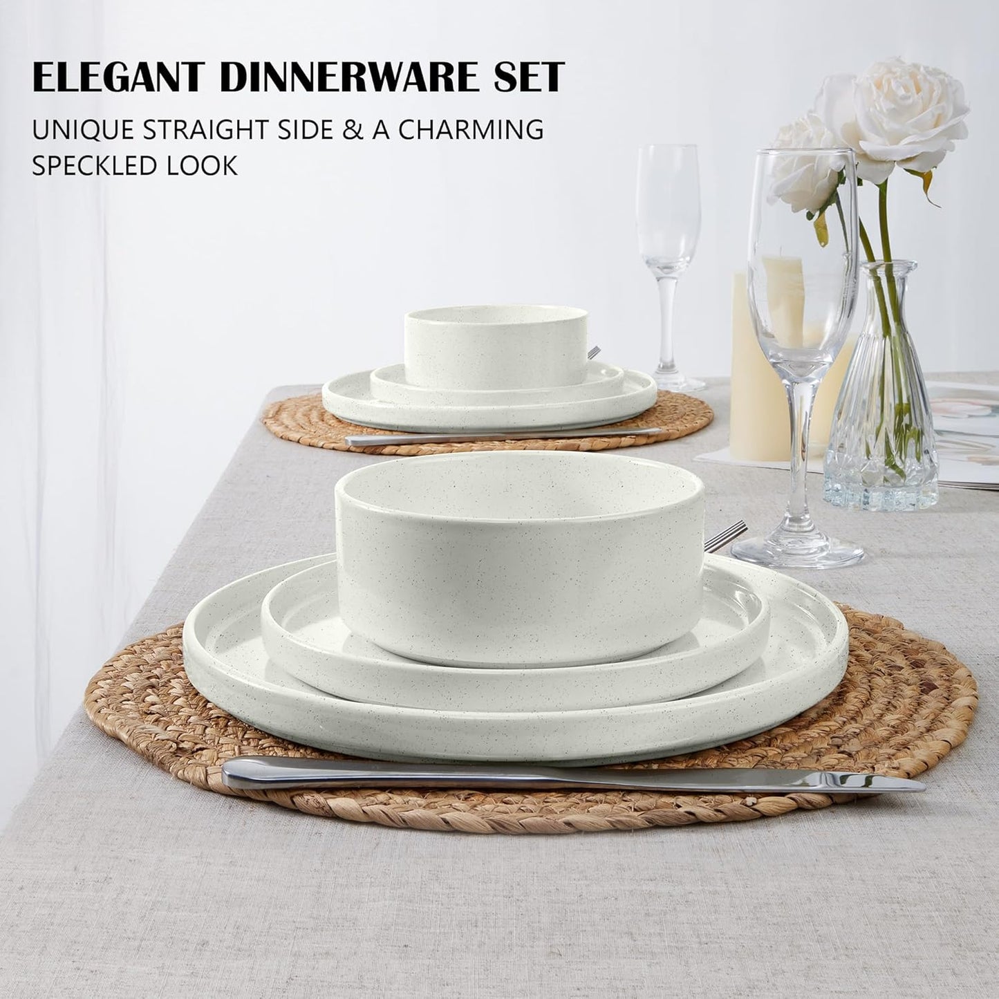 E-far Dinnerware Sets for 6, 18-Piece Stoneware Plates and Bowls Set, Modern Kitchen Dinning Dishware, Chip and Scratch Resistant, Microwave & Dishwasher Safe, Speckled White