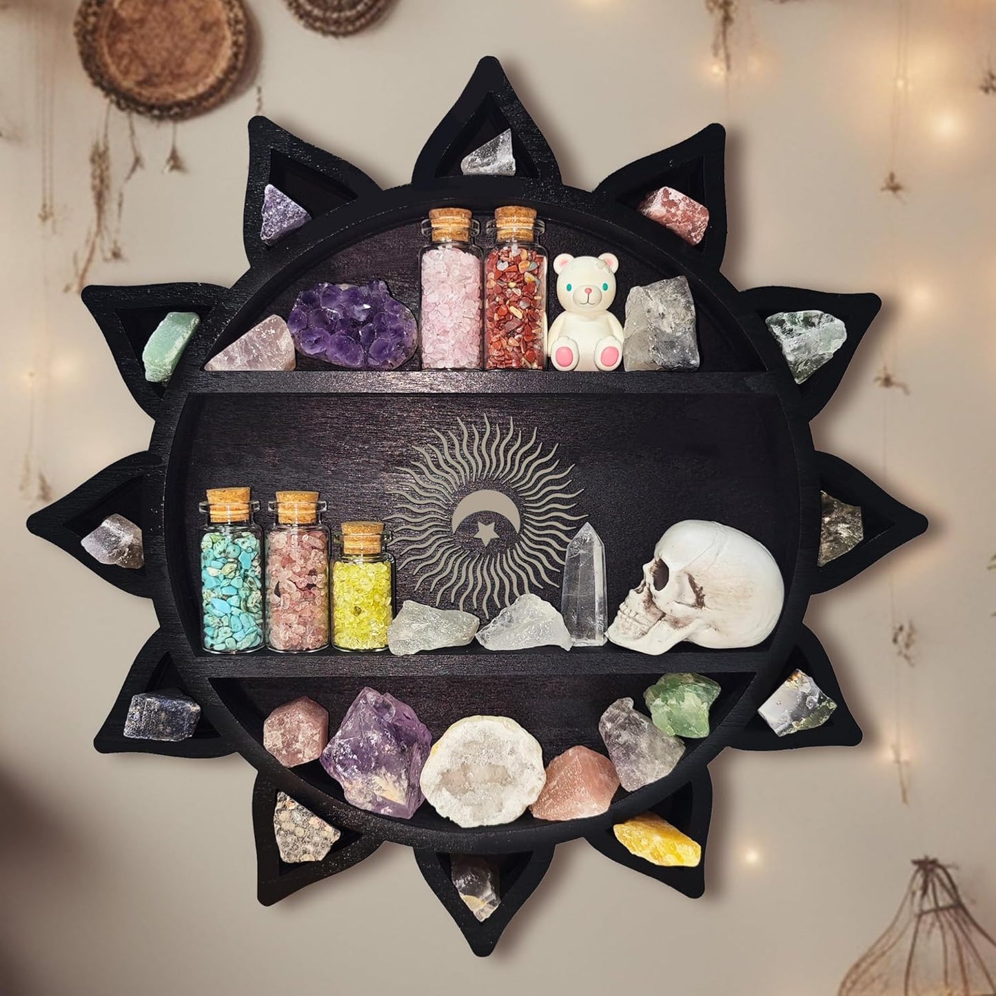 Crystal Shelf Display for Wall, Crystal Display Shelf Chakra Wooden Lotus Flower Crescent Moon Shelf Wall Decor, Decorative Home Floating Shelf Stone Storage Gem Holder Boho Hanging Organizer