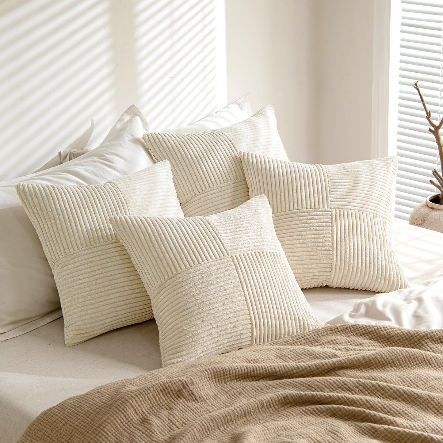MIULEE Beige Throw Pillow Covers 18x18 Inch Set of 4 Boho Patchwork Cushion Cases Modern Farmhouse Pillow Cases with Invisible Zipper Corduroy Striped Home Decor for Couch Sofa Bedroom