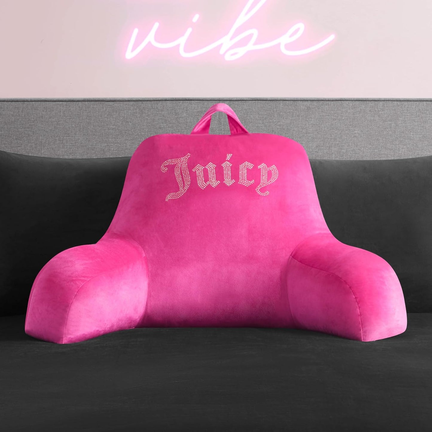 Juicy Couture Velour Backrest Pillow with Rhinestone Juicy Logo - 30"x17", Hot Pink Supportive Bed Rest Pillow for Reading, Gaming, or Relaxing