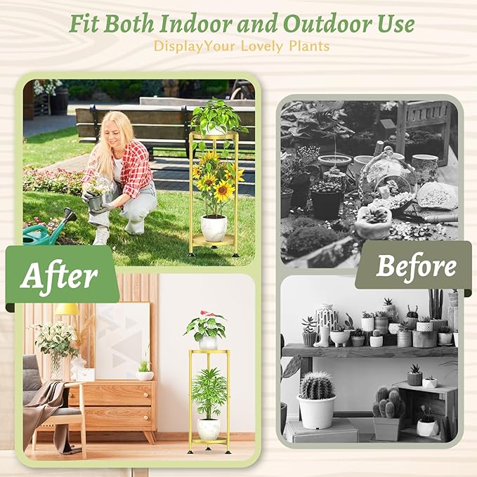 KMOTASUO 2 Tier Plant Stand Indoor for Large Tall Heavy Duty Planter, Multiple Sturdy Metal Flower Corner Rack for Narrow House Floor, Iron Vertical Level Round Orchi Holder Organizer, Gold