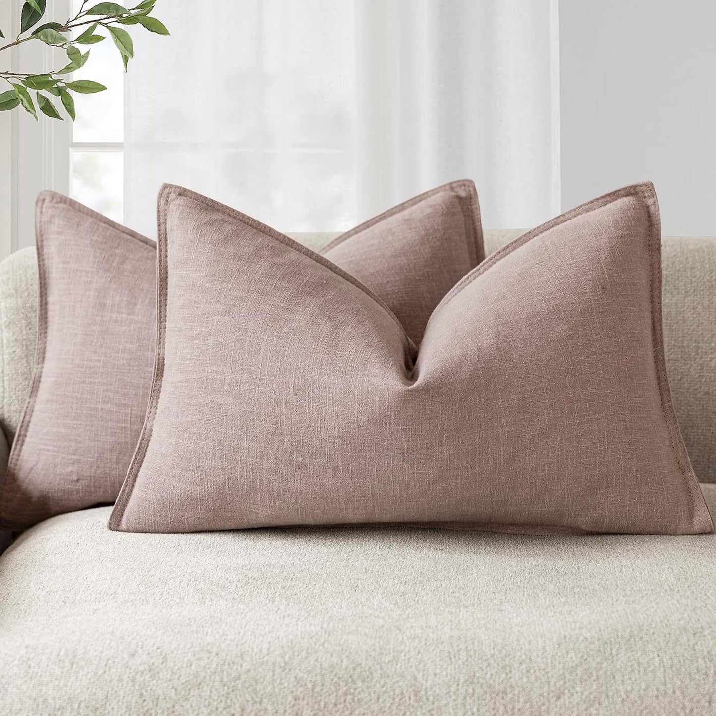 Foindtower Pack of 2, Decorative Linen Soild Throw Pillow Covers Accent Lumbar Cushion Case Farmhouse Pillowcase for Chair Couch Sofa Bedroom Living Room Home Decor 12 x 20 Inch Dusty Pink