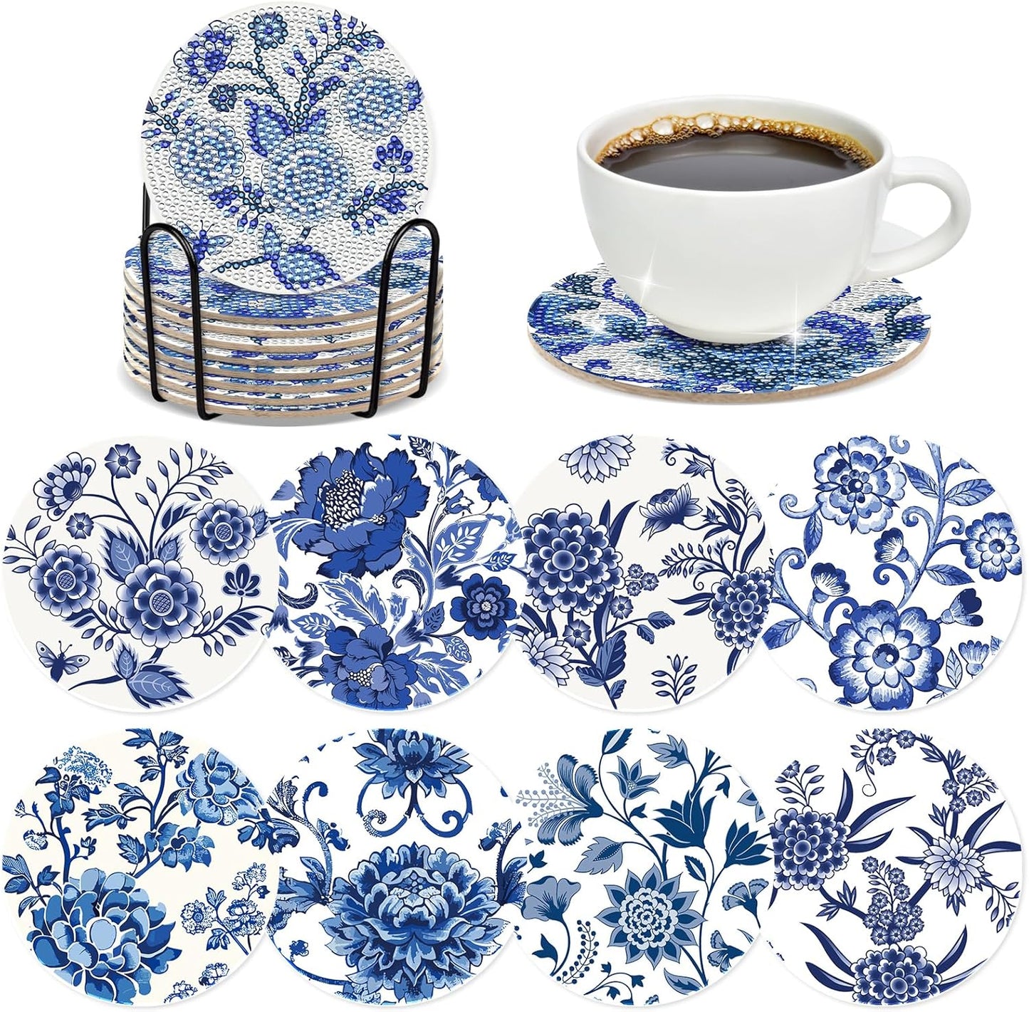 Blue Flower Diamond Art Coasters - 8 Pcs Diamond Painting Coasters Kits with Cork Base Home Table Decor DIY Crafts Party Supplies Mother's Day Birthday Gift for Adult Beginners