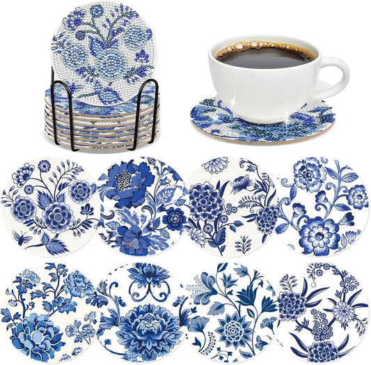 Blue Flower Diamond Art Coasters - 8 Pcs Diamond Painting Coasters Kits with Cork Base Home Table Decor DIY Crafts Party Supplies Mother's Day Birthday Gift for Adult Beginners