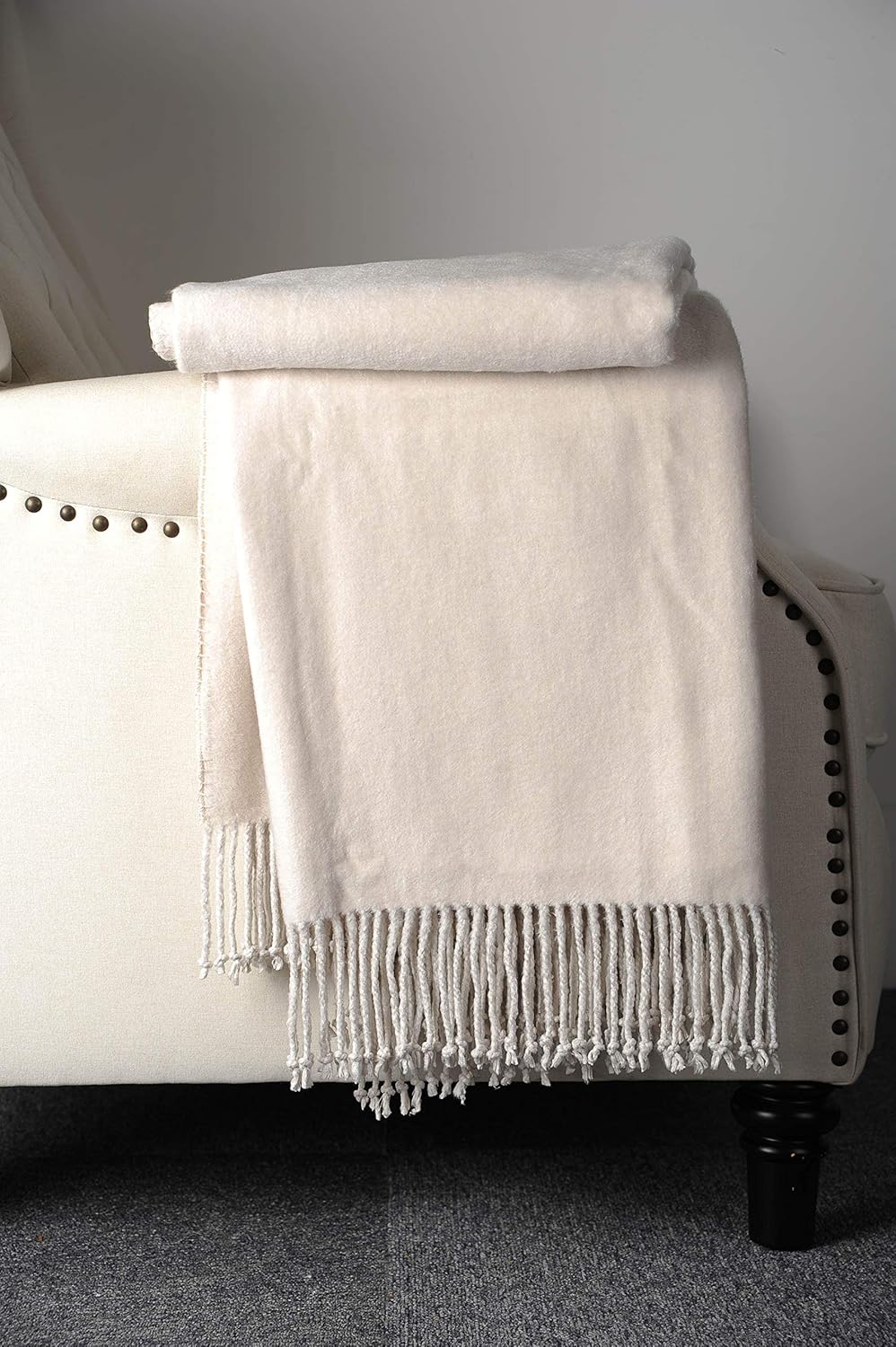 EP Mode Fringed Mulberry Silk Throw Blanket for Sofa (Whisper White)