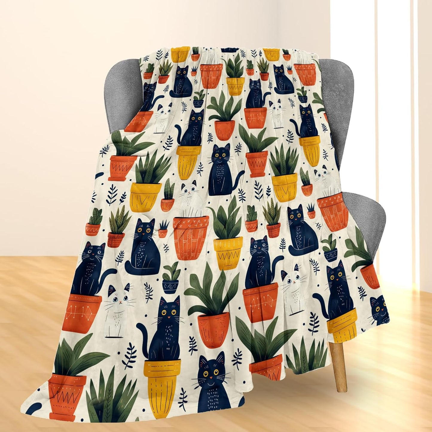 Cute Cats & Potted Plants Blanket - Soft Lightweight Cozy Flannel Throw Blanket for Adults Kids Pet Lovers, Warm Fluffy Fuzzy Blankets for Couch, Bed, Travel, Outdoor, Home Decor 60×50 in