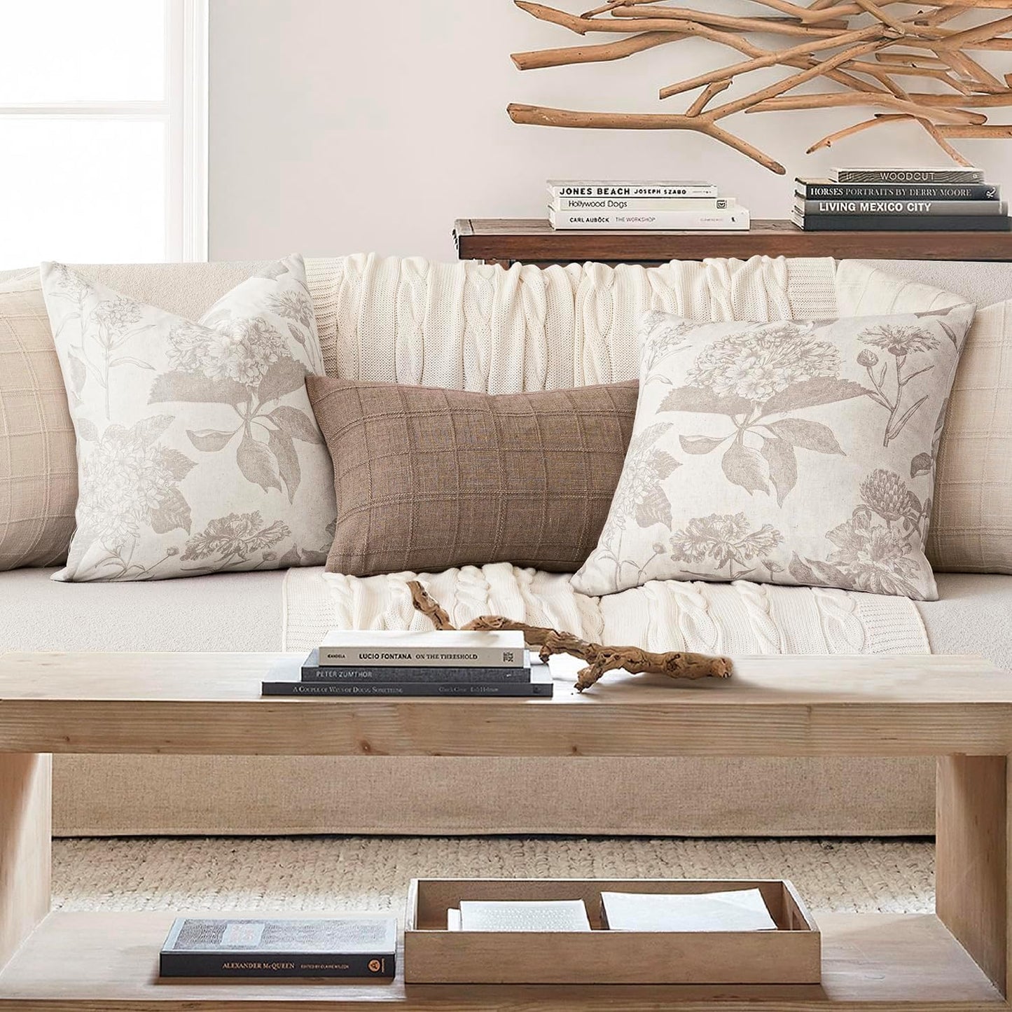 Foindtower Set of 2 Linen Floral Vintage Throw Pillow Covers Neutral Accent Decorative Cushion Covers Farmhouse Boho Home Decor for Sofa Chair Couch Bedroom Living Room,22×22 Inch,Tan Beige