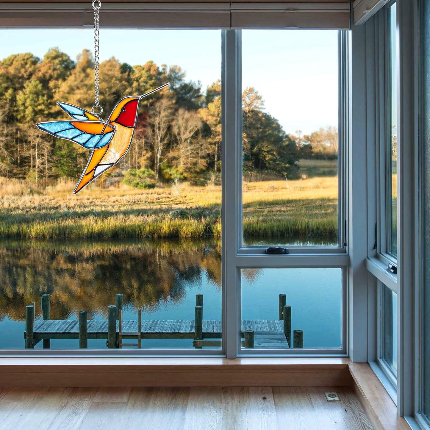 Handmade Stained Glass Hummingbird Hanging Ornament - Colorful 4.3x4.9 Inch Window/Garden Decor for Mom, Grandma, Mother's Day - Patio, Home, Wedding Decorations (Blue Wings)