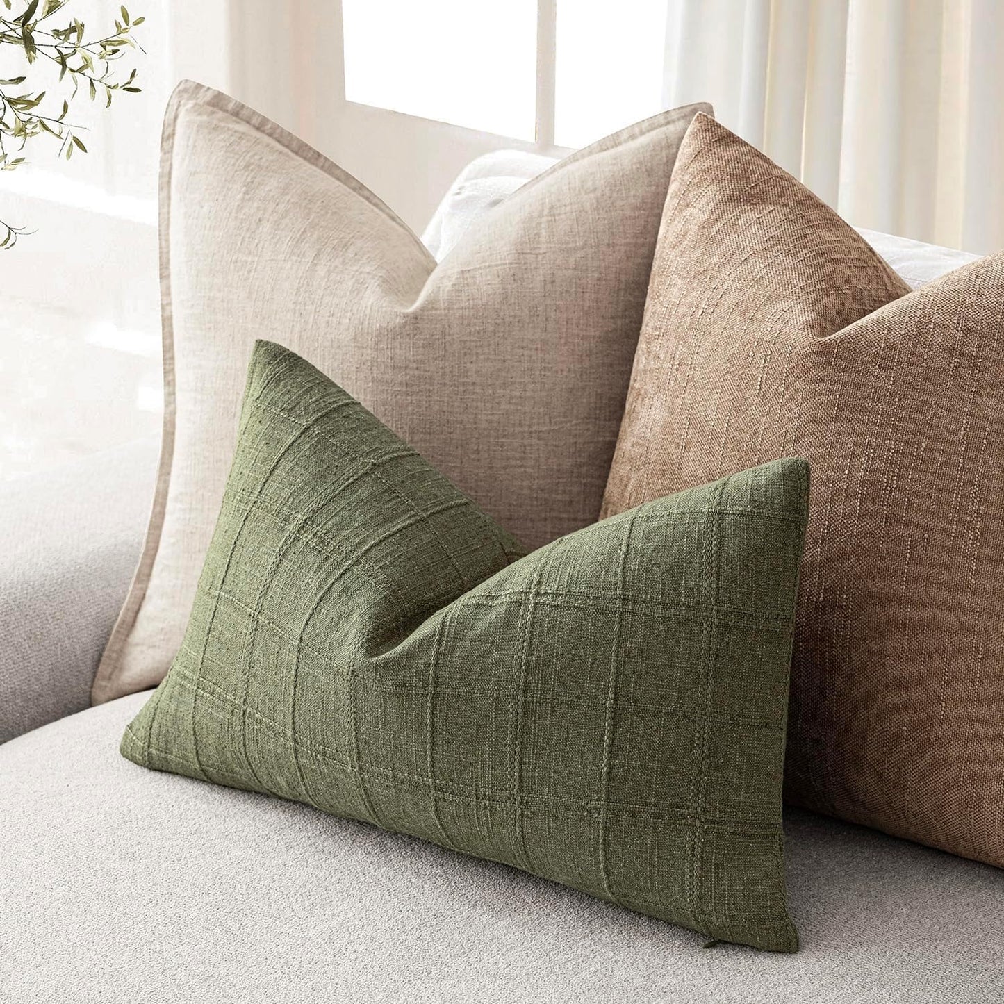 Foindtower Set of 2 Decorative Linen Check Throw Pillow Covers Neutral Farmhouse Lumbar Cushion Covers Modern Boho Home Decor for Sofa Chair Couch Bedroom Living Room,12×20 Inch,Sage Green