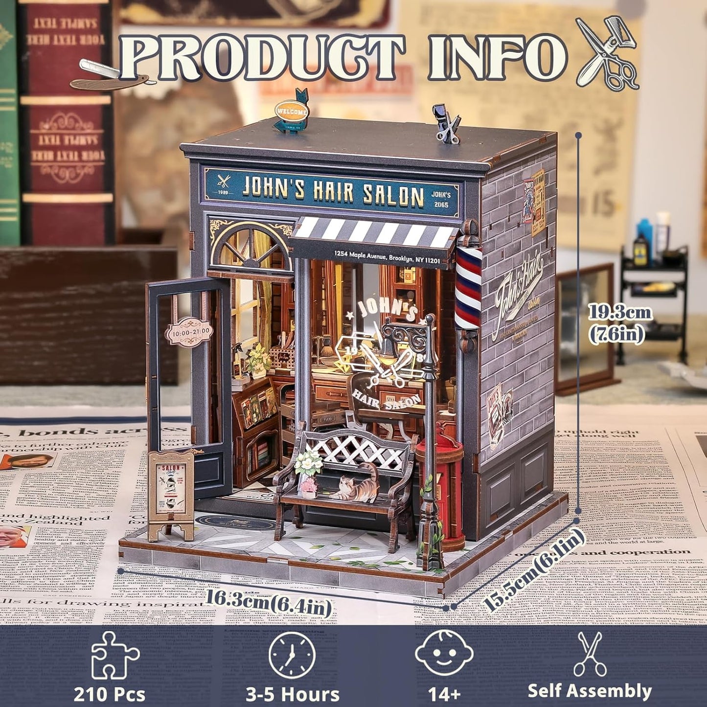 Cutefun Book Nook Kit - DIY Miniature Dollhouse Kit for Adults and Teens, Retro Barbershop Mini House Building Kit with LED Bookshelf Insert Decor Creative Gifts (John's Hair Salon)